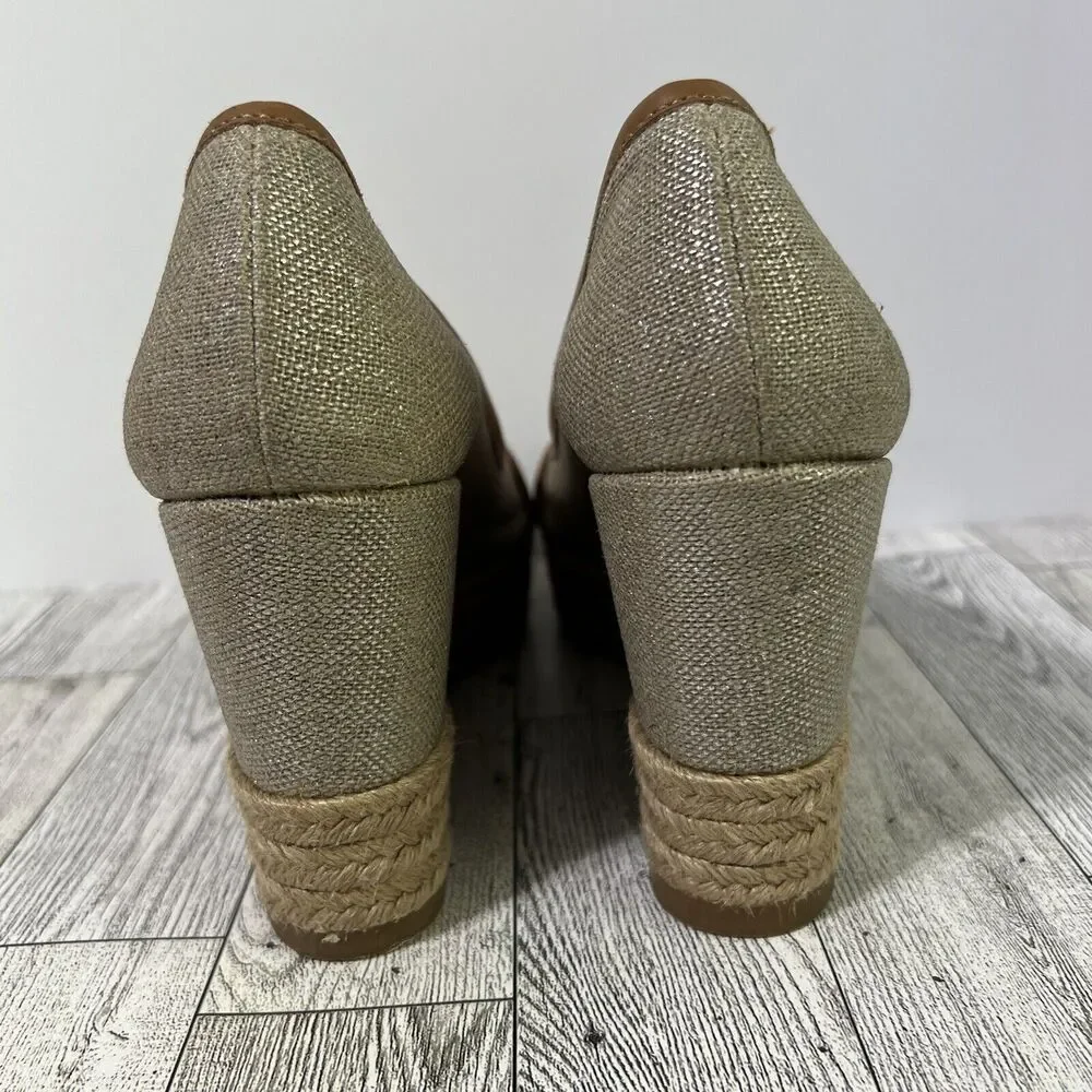 Tory Burch Beige and Brown Espadrille Wedge Peep-Toe